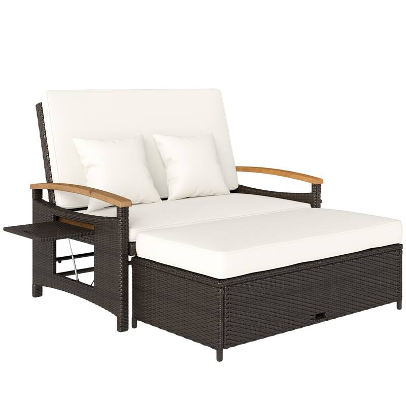Outsunny Rattan Outdoor Daybed w/4-Level Adjustable Backrest, Patio Sofa Bed w/Loveseat, Storage Ottoman, Acacia Wood Armrest