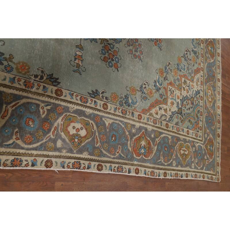 Green Tabriz Vintage Persian Area Rug Hand-Knotted Wool Carpet - 9'7" x 12'9"