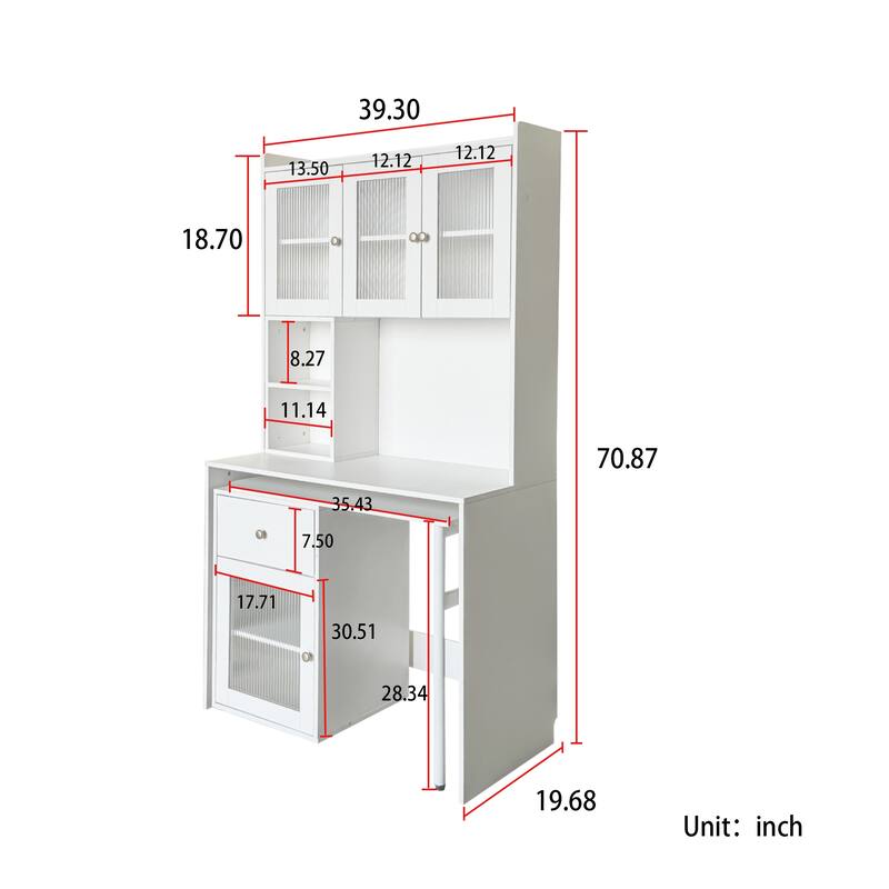 Roomfitters Computer Desk with Hutch and Rotating Table, Home Office Workstation with Glass Cabinet Doors