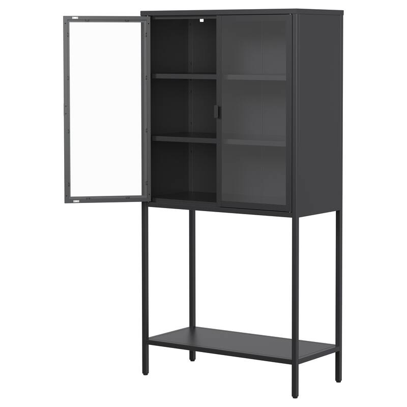 Heavy Duty Metal Storage Cabinet Sideboards & Buffet, Tall Bookcase Display Case with Glass Doors & 2 Adjustable Shelves