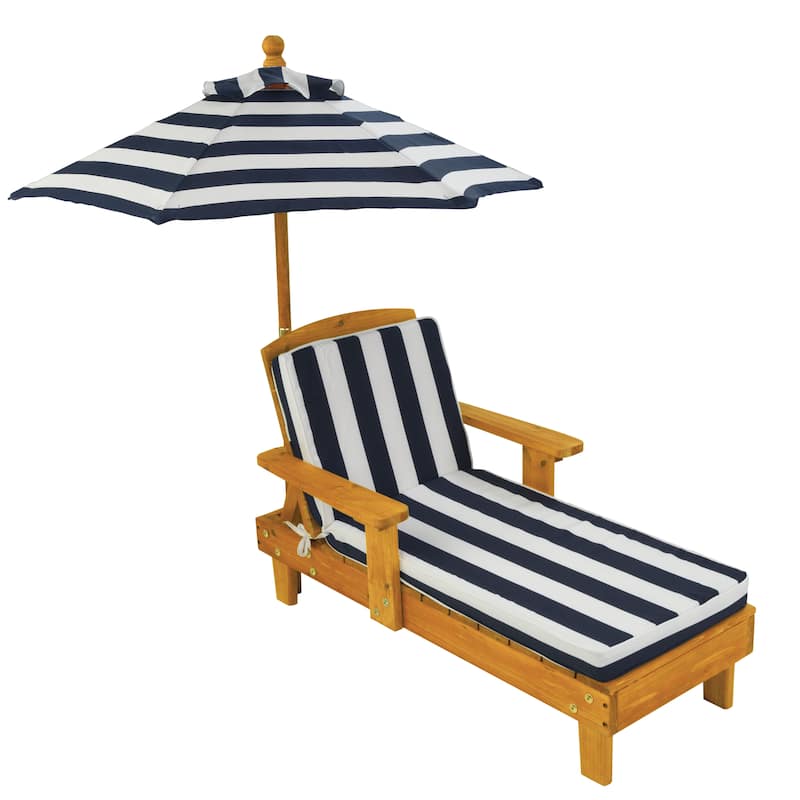 Kid's Blue/ White Striped Outdoor Chaise with Umbrella - Blue