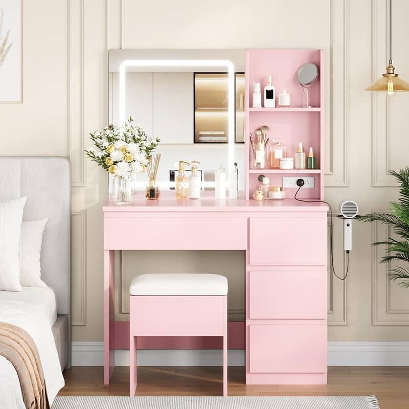 Vanity Desk with LED Mirror, Charging Ports, Storage Stool, Drawers, Hair Dryer Holder