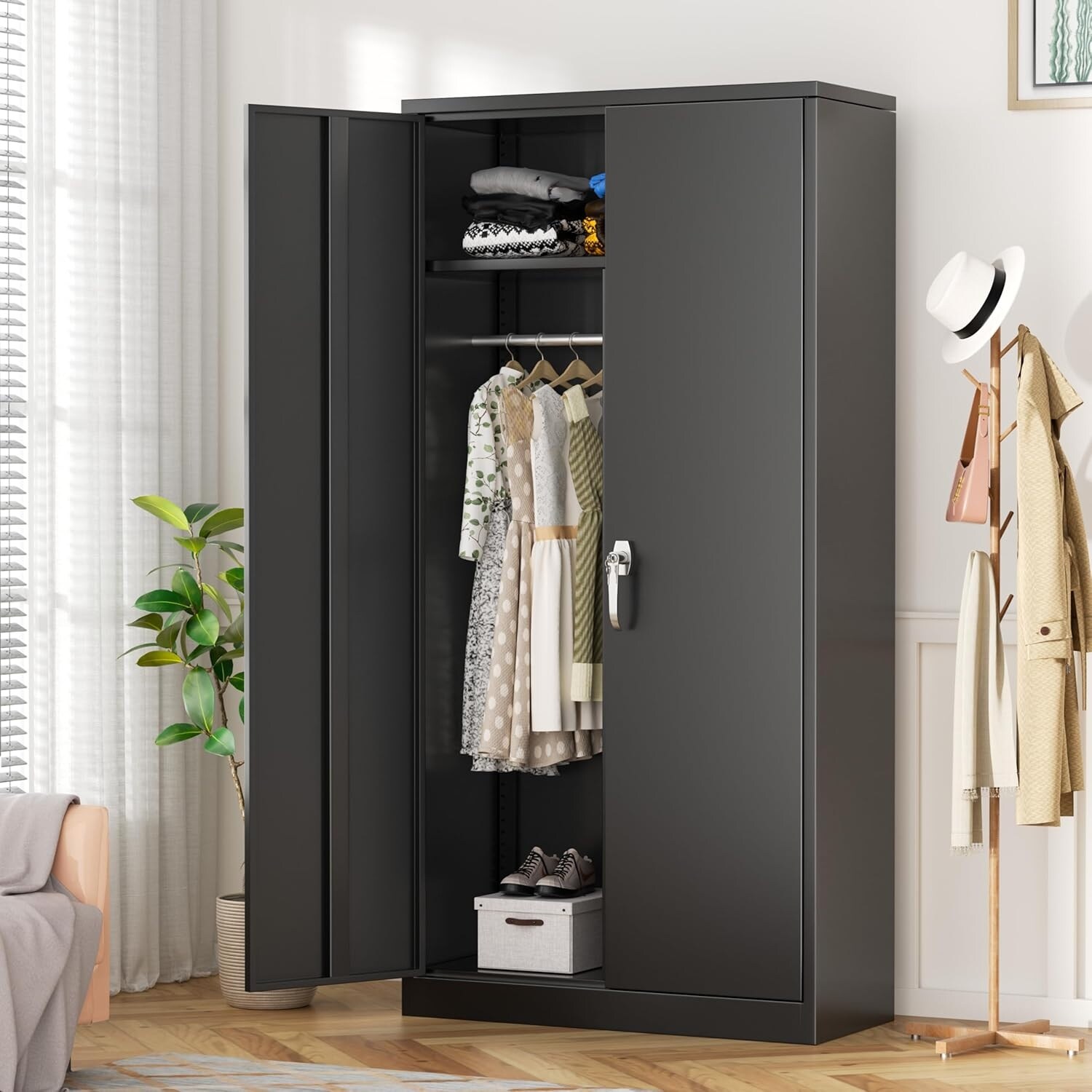 66.5" Tall Metal Wardrobe Closet With Doors & Shelves - Freestanding Clothes Cabinet, White