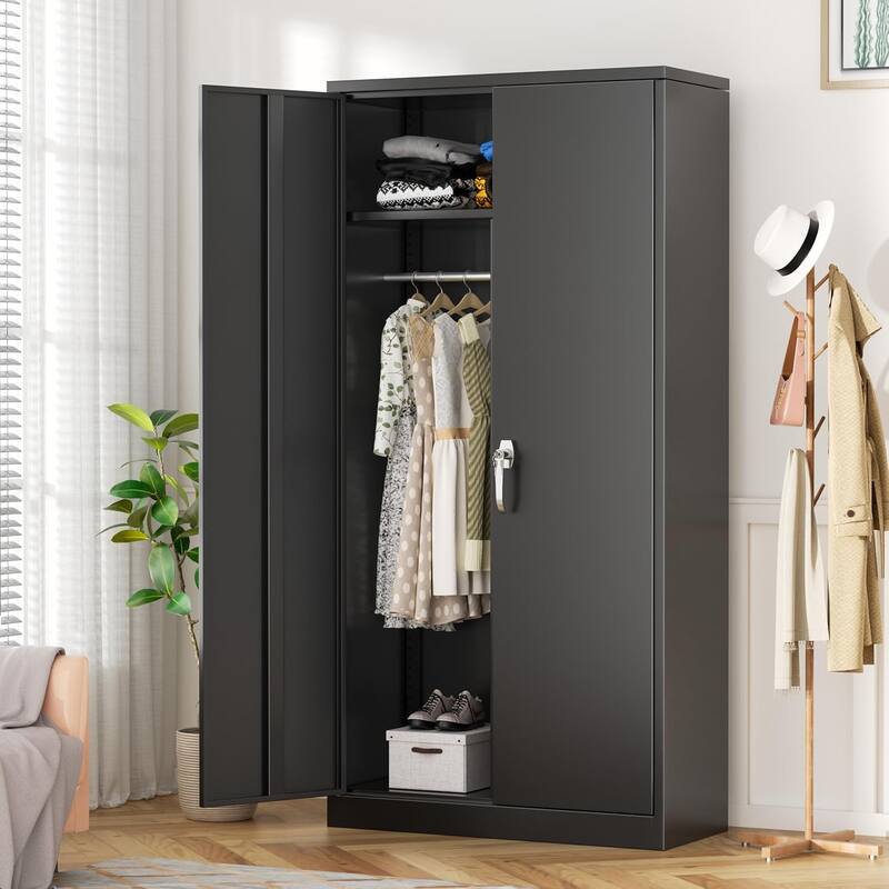 72'' Tall Metal Lockable Wardrobe Armoire Storage Cabinet Locker with Hanging Rod for Garage, Gym, Home Office
