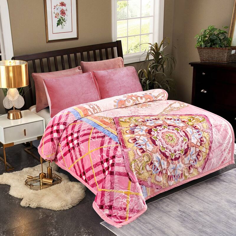Plush Raschel Korean Printed Fleece Blanket - King - Pink