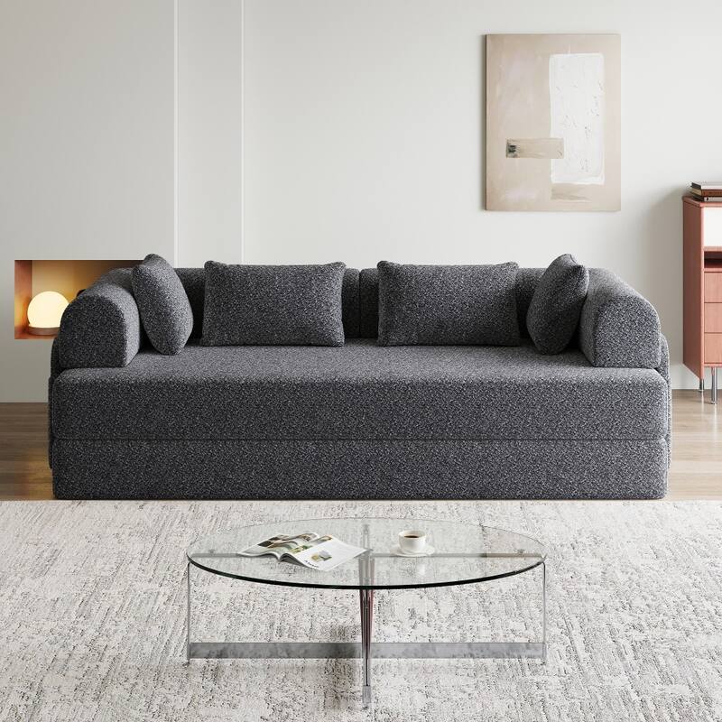 78.7" Convertible Chenille Folding Mattress Sleeper Sofa Bed with Cylindrical Pillow and Side Pocket - Grey