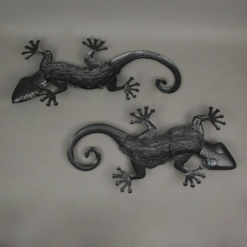Multicolor Stamped Metal Gecko Lizard Wall Decor Sculptures (Set Of 2)