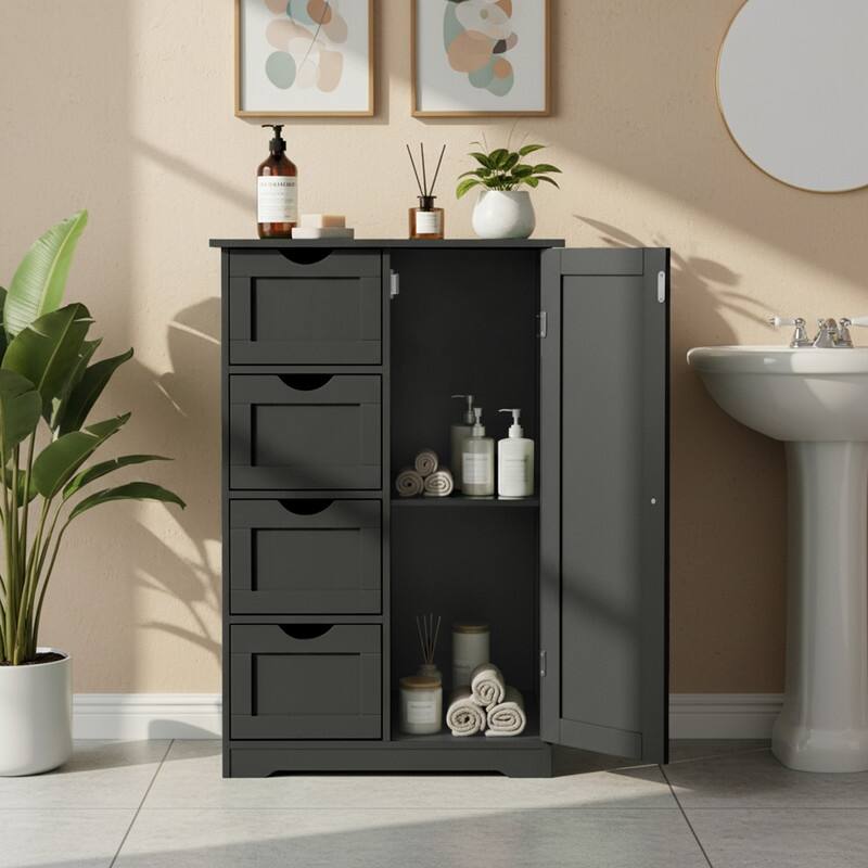 Black Bathroom Storage Cabinet with 4 Drawers and 1 Door