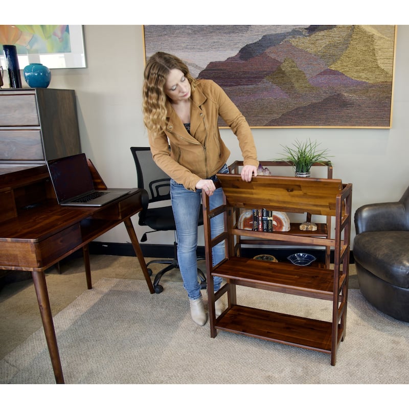 Solid Acacia 3 Shelf Folding Bookcase in Mahogany