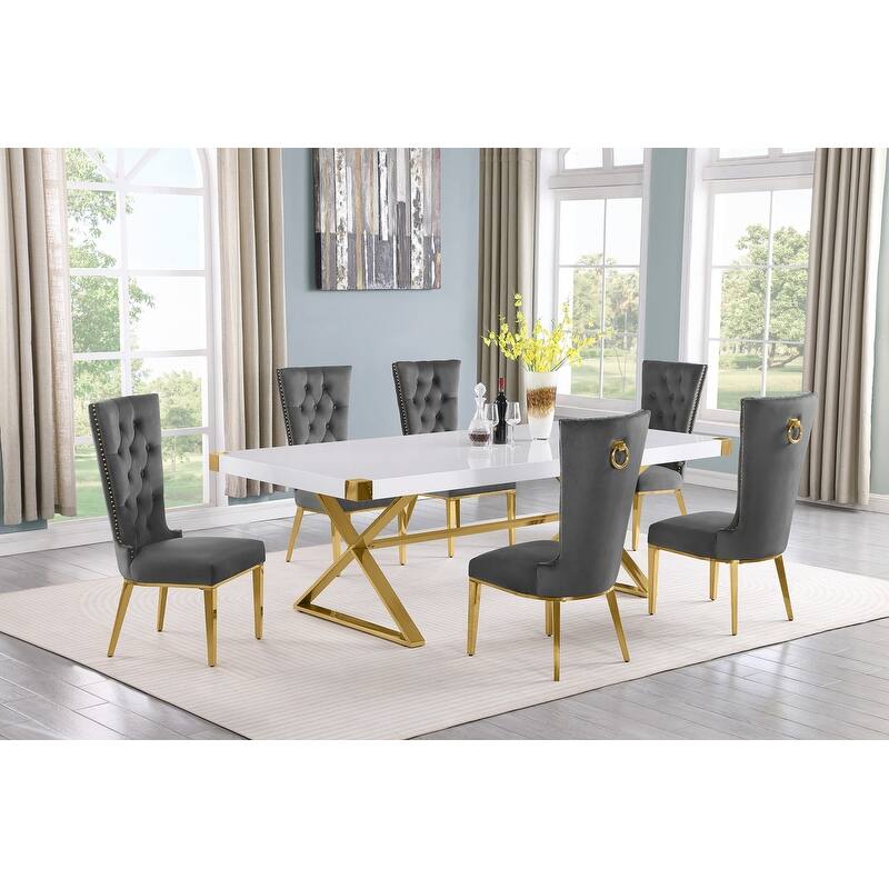Best Quality Furniture D442/3-SC330-7 Dining Set with 94" White Lacquer Wood Top - 7-Piece - Dark Grey / Gold