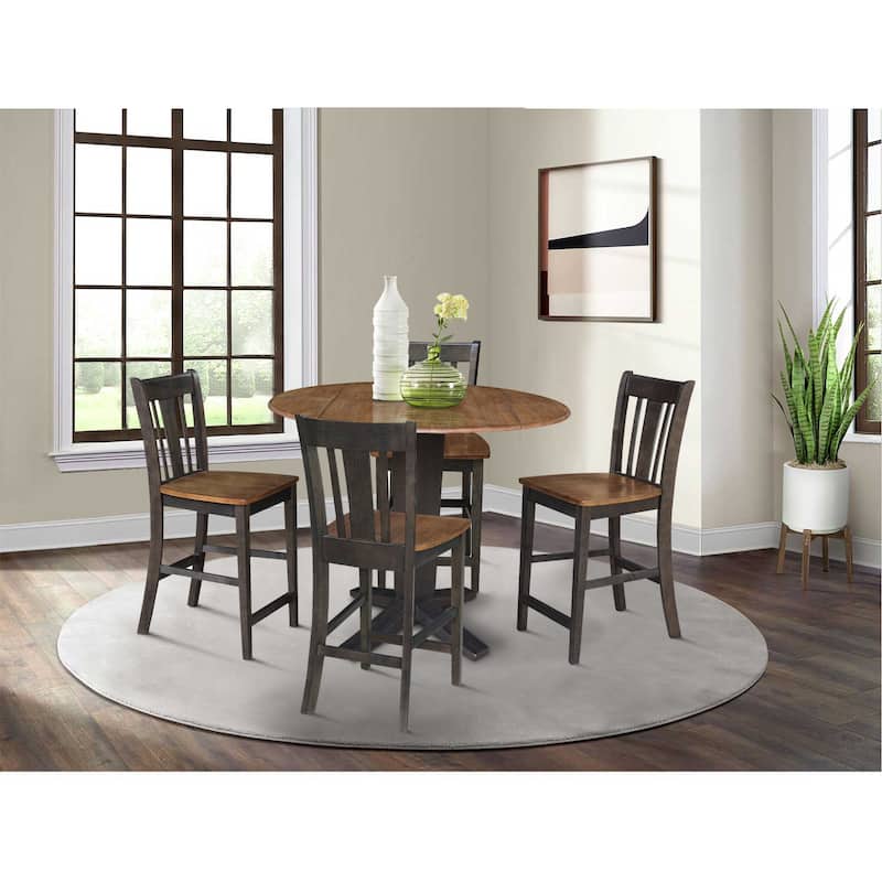 42 in Solid Wood Round Drop Leaf Counter Height Dining Table with Stools in Hickory/Washed Coal