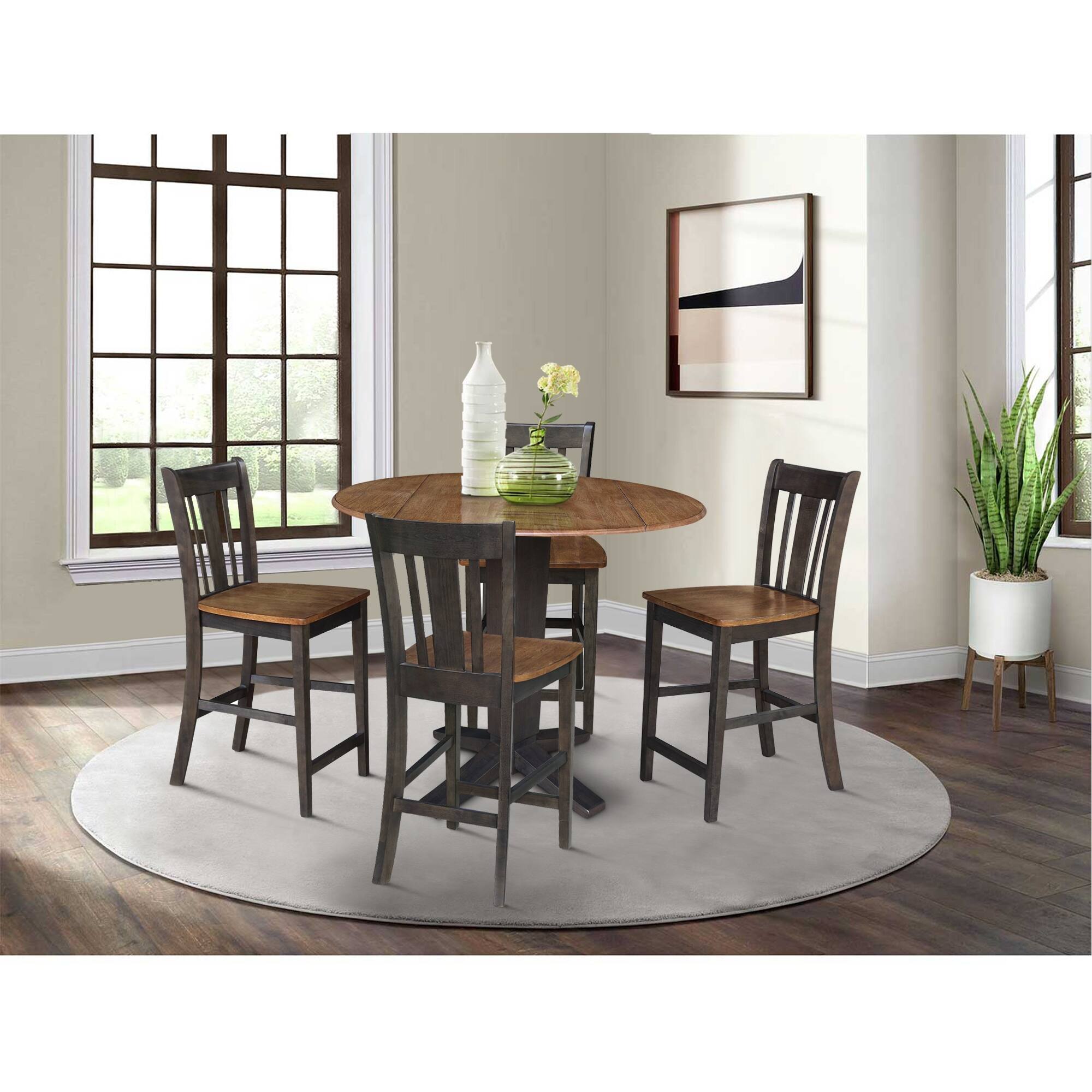42 in Solid Wood Round Drop Leaf Counter Height Dining Table with Stools in Hickory/Washed Coal