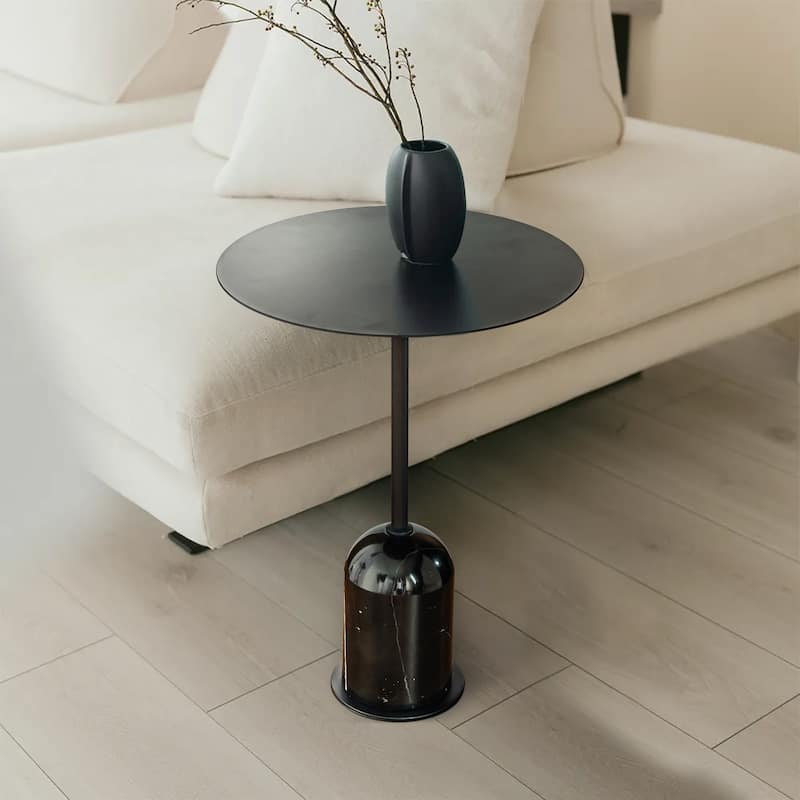 Modern Metal Single Round Black Coffee Table With Marble Base End&Side Table Size 18"W - 18" x 24"