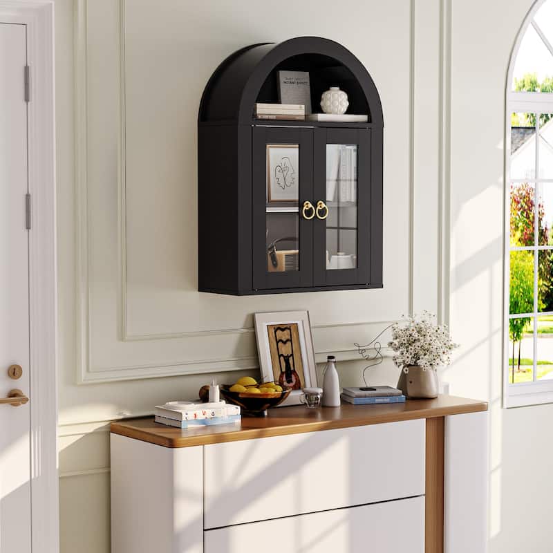 Wall Mounted Arched Cabinet with Glass Doors, Light and Adjustable Shelves for Laundry Room, Bathroom, Kitchen