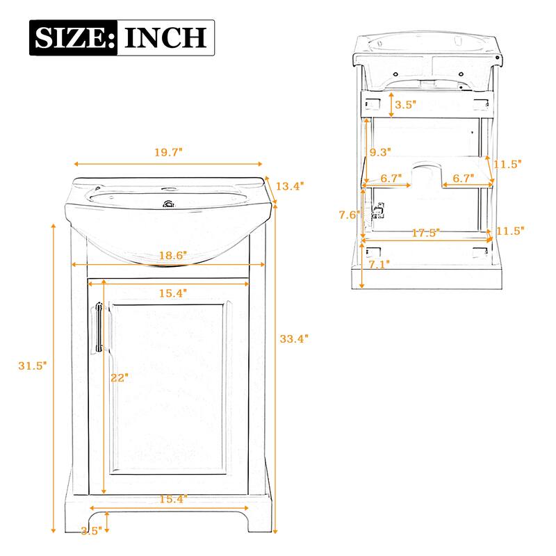 Roomfitters 20" Bathroom Vanity with Bulged Ceramic Basin, Freestanding French Style Storage Cabinet & Soft Close Door