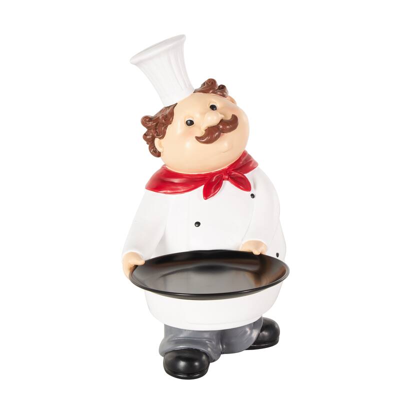 White Polystone Kitchen Decorative Figurine Chef Decorative Sculpture with Black Tray
