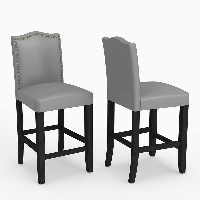 24 Inches Faux Leather Counter Height Bar Stools with Nailhead Trim - Grey-2-piece