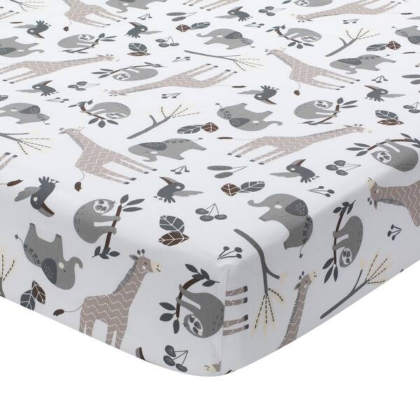 slide 2 of 4, Lambs & Ivy Baby Jungle Animals White/Gray/Taupe Cotton Fitted Crib Sheet
