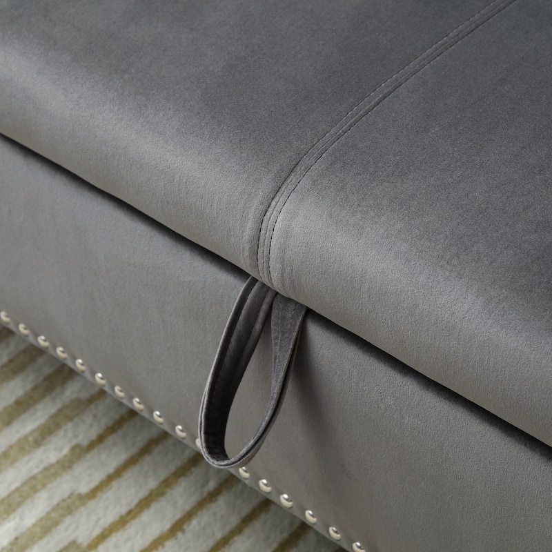 Elegant Grey Velvet Nailhead Trim Storage Ottoman Bench