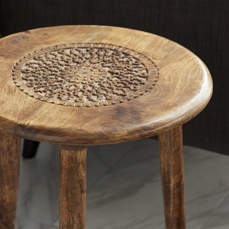 Mango Wood Handmade Intricately Carved Floral Accent Table with Tripod Legs - Dark Brown, White, Brown