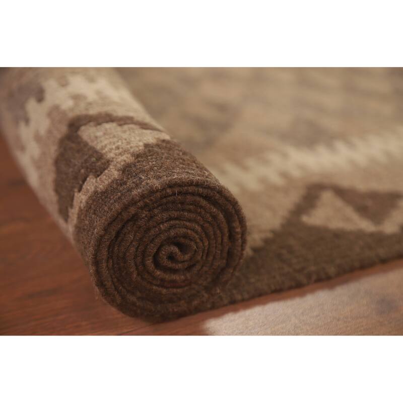 Hand Woven Oriental 100% Wool Carpet Southwestern Geometric Brown Kilim Area Rug - 9' 3'' X 6' 6''