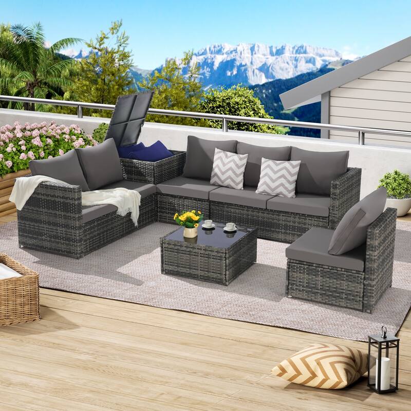 6-Piece Outdoor Wicker Sectional Patio Furniture Set with Storage Corner, and Tempered Glass Coffee Table