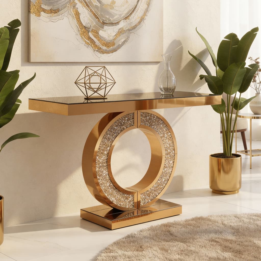 Mirrored Console Table With Crushed diamond Inlay, Long Entryway Sofatable, 0-Shaped Base Modern Accent Narrow Table