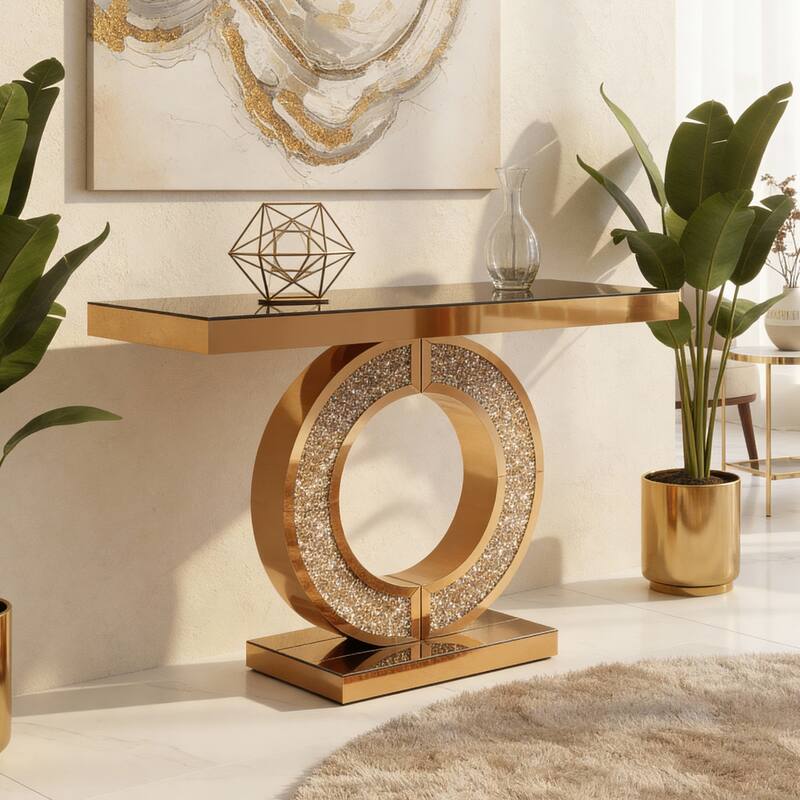 O-Shaped Handicrafts Mirror Console Table for Living Room - Brown