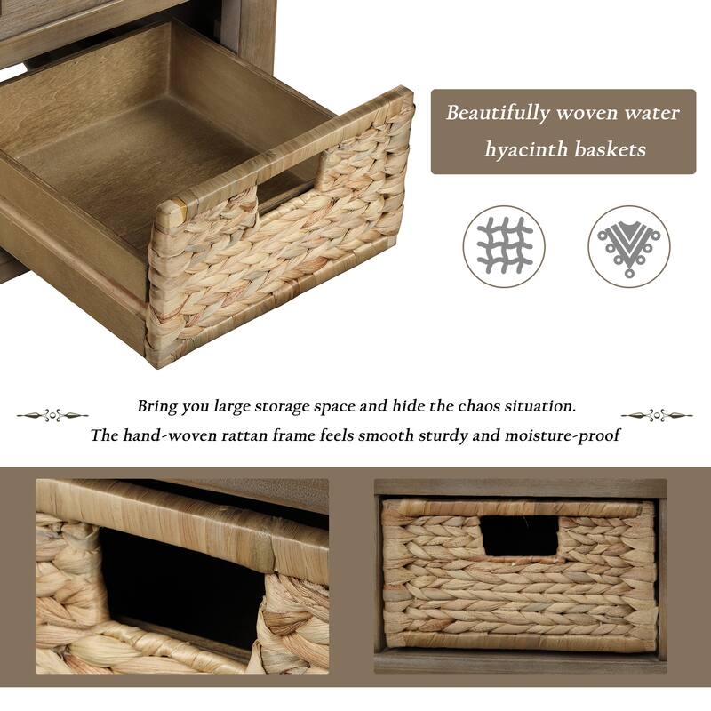 Storage Bench with Drawers and Rattan Baskets Entryway Shoe Bench