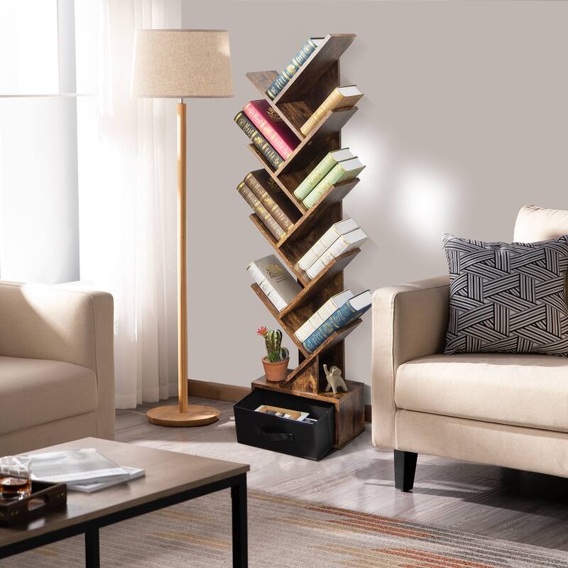 59" Tall Tree Design Bookshelf with 10 Open Shelves and Fabric Drawer for Small Spaces - 15'' x 8.5'' x 59'' (L x W x H)