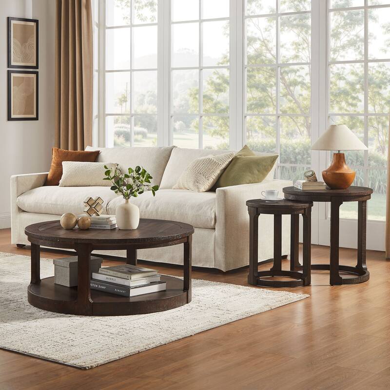 24 inch 2PCS Curved Traditional Round Circle Wooden Coffee Table Set, Mid Century Rustic Style Side Table, End Table