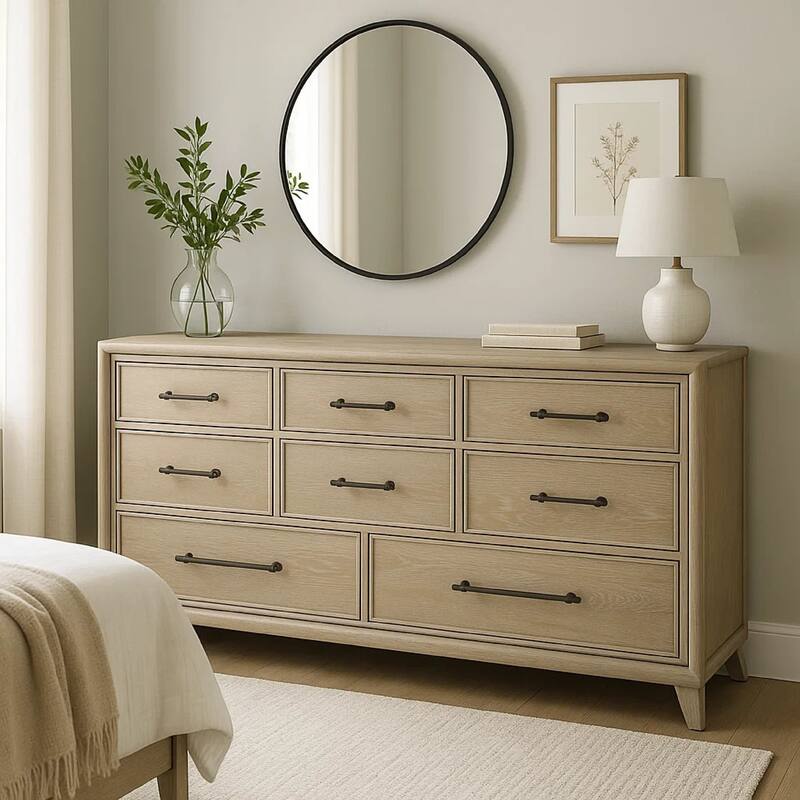 Myna 64 Inch Wide Dresser, 8 Drawers, White Oak Veneer, Solid Wood