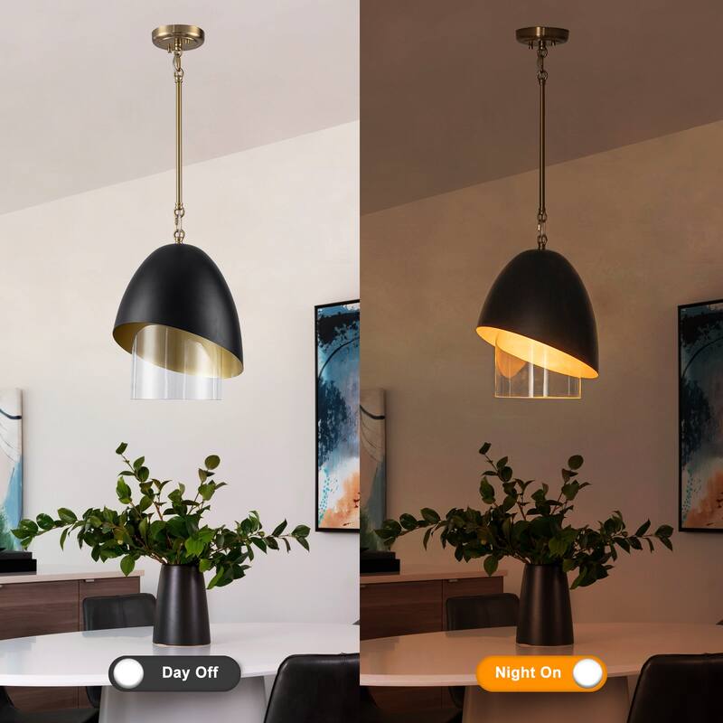 Brushed Gold & Black Egg-Shaped Pendant Light with Clear Glass Shade - Dia.11.81-in