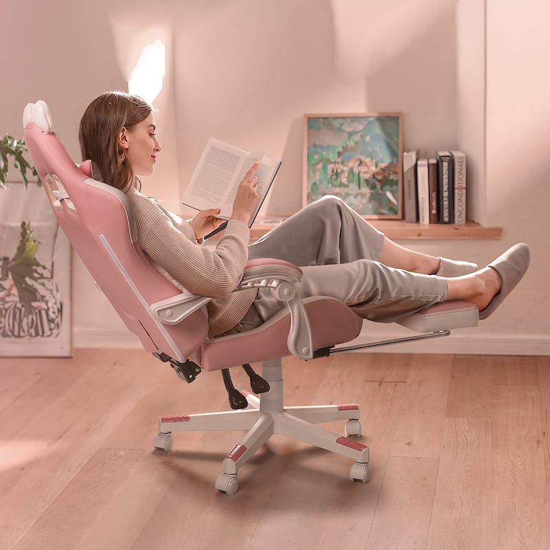 BOSSIN Gaming Chair with Cat Ears and Cat Paw Cushion Pillow,Cute Kawaii Reclining Computer Chair for Girl with Footrest