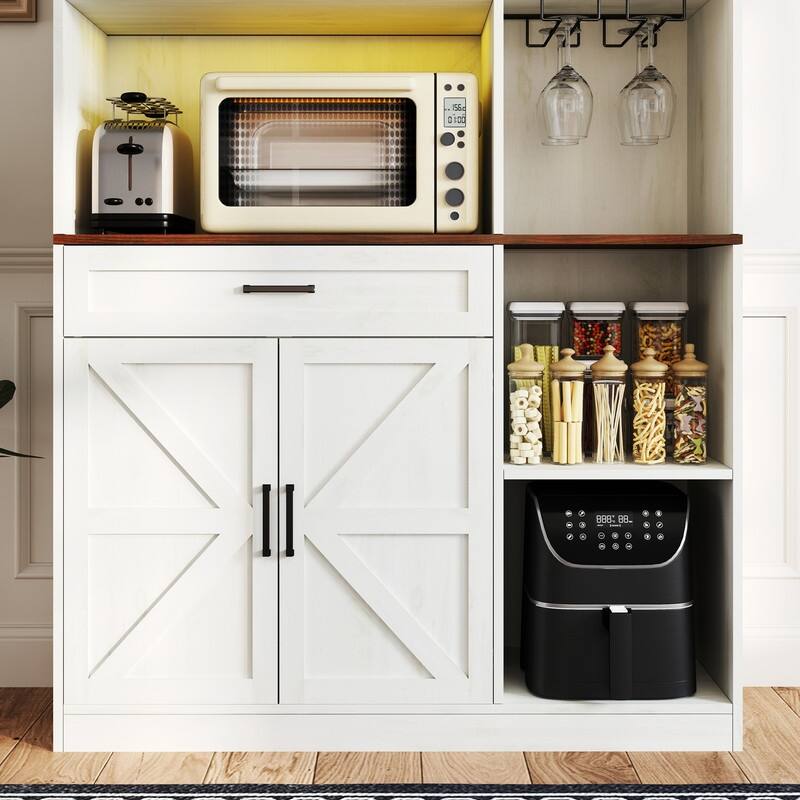Multifunctional Kitchen Pantry Sideboard with Cabinet and Drawer, Glass Holder, Microwave Stand with Charging Station