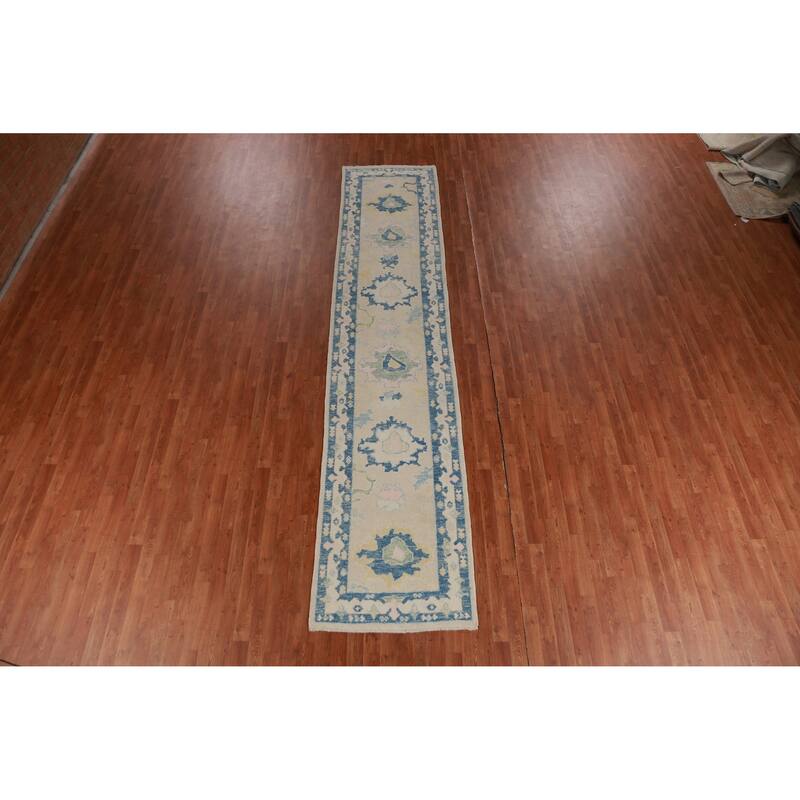 Hand Knotted Oriental 100% Wool Carpet Transitional Floral Beige & Ivories Oushak Runner Rug - 13' 8'' X 2' 11''