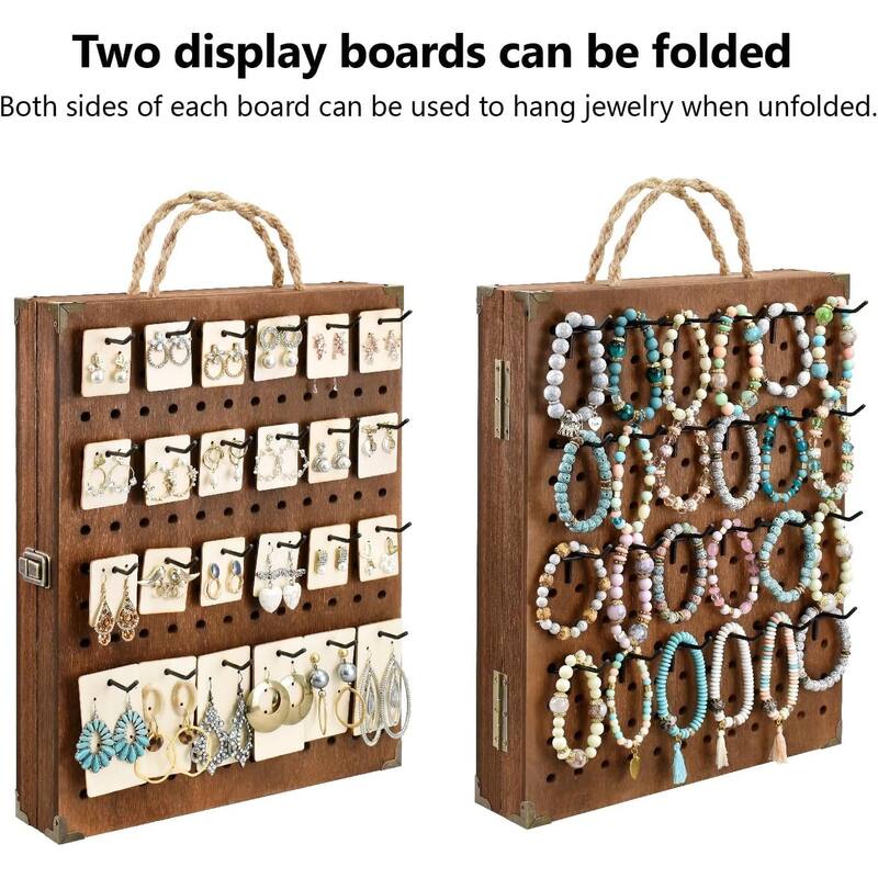 Wooden 2 Panel Pegboard Jewelry Display Organizer with 48 Black Hooks - S