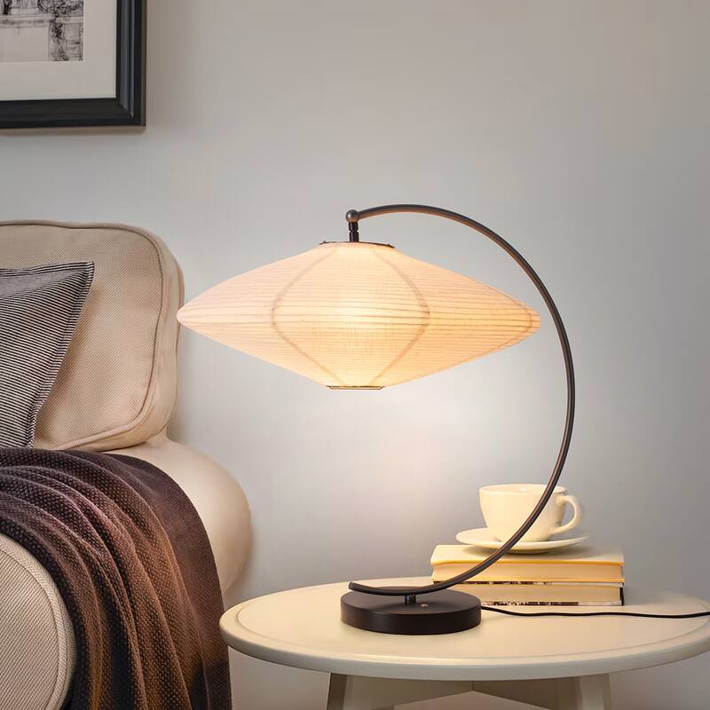 Roswell Table Lamp - Matte Black & Gunmetal Finish, Handcrafted Shinpuru-sa Linen-Cotton Shade, Black Marble Base