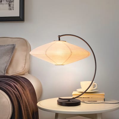 Roswell Table Lamp - Matte Black & Gunmetal Finish, Handcrafted Shinpuru-sa Linen-Cotton Shade, Black Marble Base