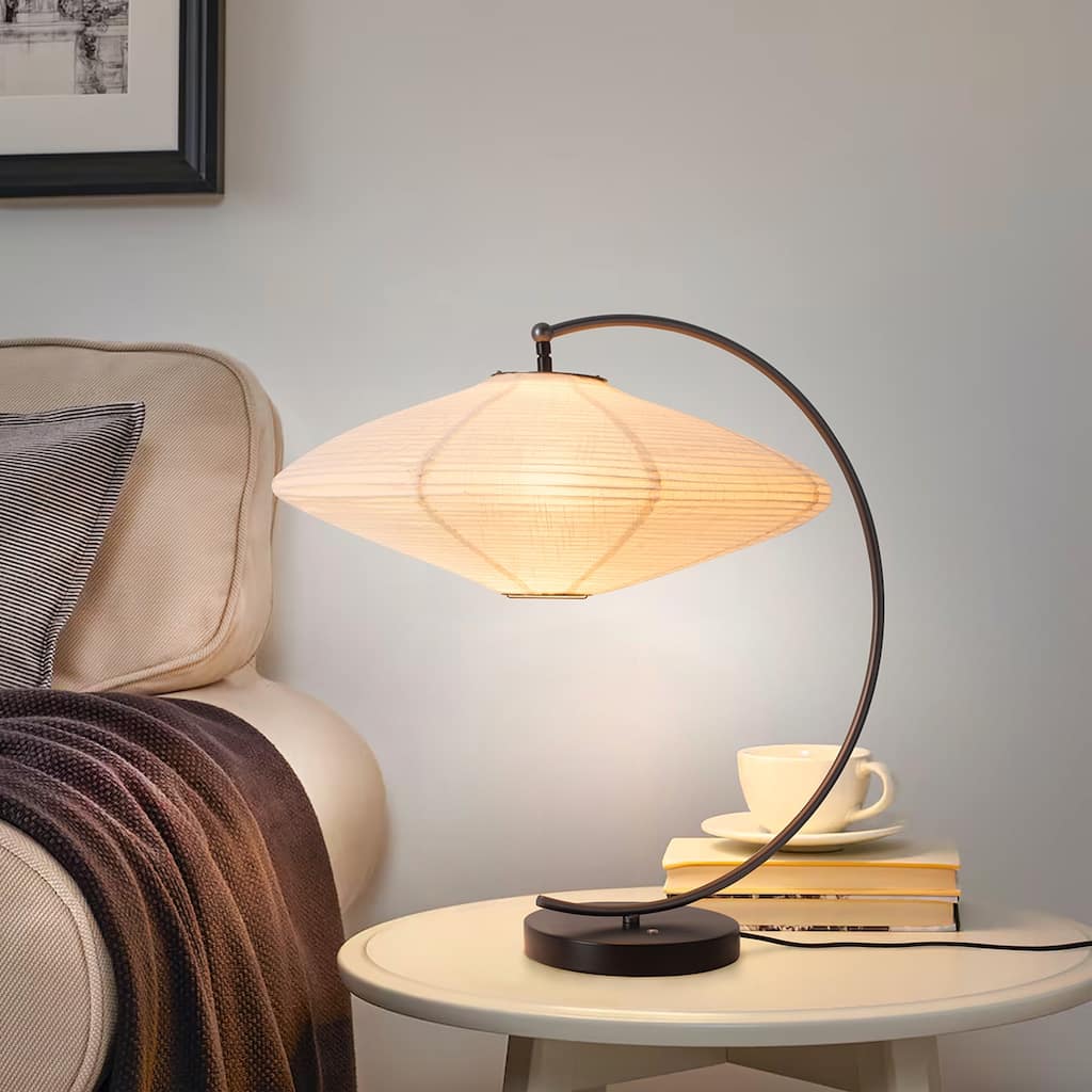 Roswell Table Lamp - Matte Black & Gunmetal Finish, Handcrafted Shinpuru-sa Linen-Cotton Shade, Black Marble Base