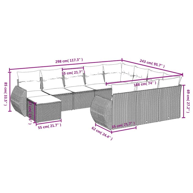 vidaXL Patio Sofa Set with Cushions Outdoor Furniture 11 Piece Poly Rattan - 24.4x 24.4x 27.2
