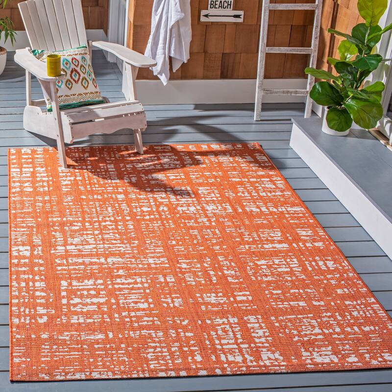 SAFAVIEH Courtyard Rufine Crosshatch Indoor/ Outdoor Waterproof Rug - 8' x 10' - Orange/Ivory