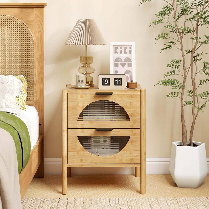 Costway 1/2 PCS Bamboo Nightstand with 2 Storage Drawers & Reeded