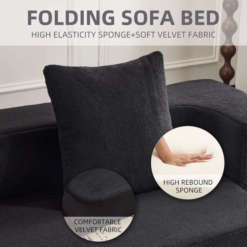 Transformable Sectional Sofa with 3 Ottomans - Fold-Out Bed, Compact Chenille Lounger in Black Faux Fur for Small Spaces
