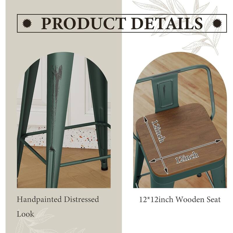 Industrial Style Counter Stools with Metal Frame 24" Kitchen Counter Height Stools with Low Back and Wooden Seat