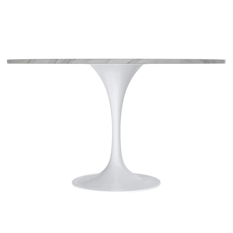 LeisureMod Verve 48" Round Dining Table with Stone TableTop and White Steel Base for Kitchen & Dining Room