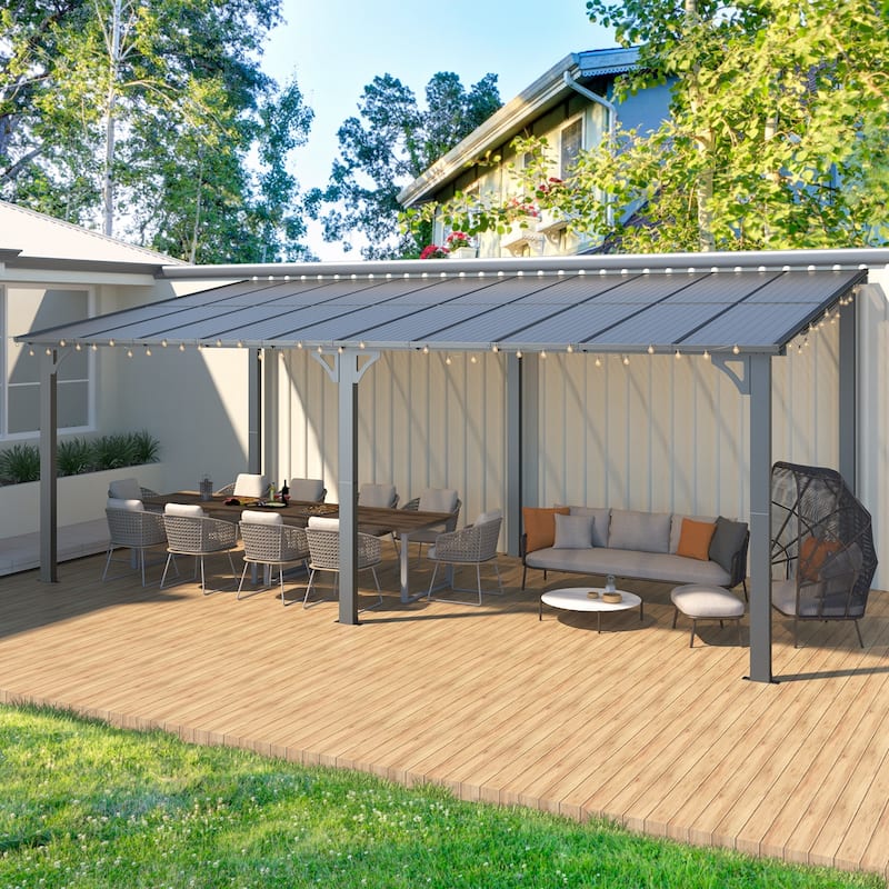 10X20Ft Outdoor Pergola Gazebo, Wall Mounted Lean to Awning Gazebo - Black