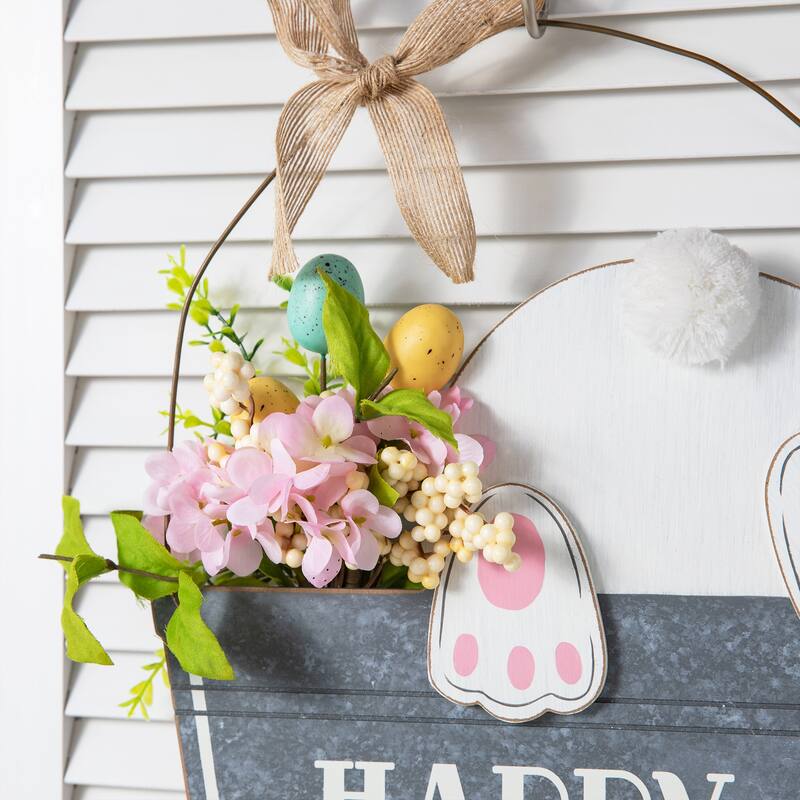 Glitzhome Easter Wooden Cute Bunny Eggs/Fence Door Hanger Wall Decor Spring Gift