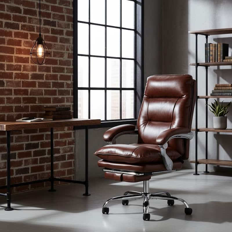 Reclining Executive Office Chair with Footrest - Brown