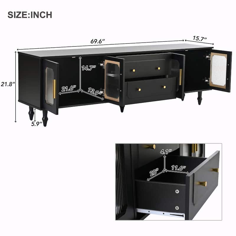 Retro TV Stand with Fluted Glass Doors for TVs Up to 78''